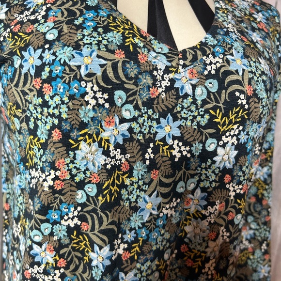 J.Jill 3/4 Sleeve Blue Floral V Neck Cotton Modal Blend Dress XSP - Picture 4 of 9